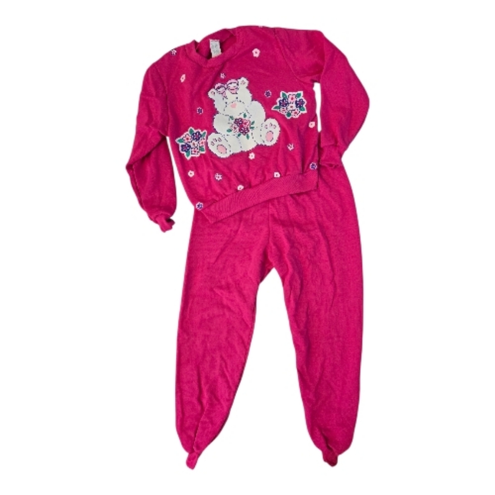 Vintage 1990s Fuschia Pink Teddy Bear Print Sweatsuit 2pc Set NWT